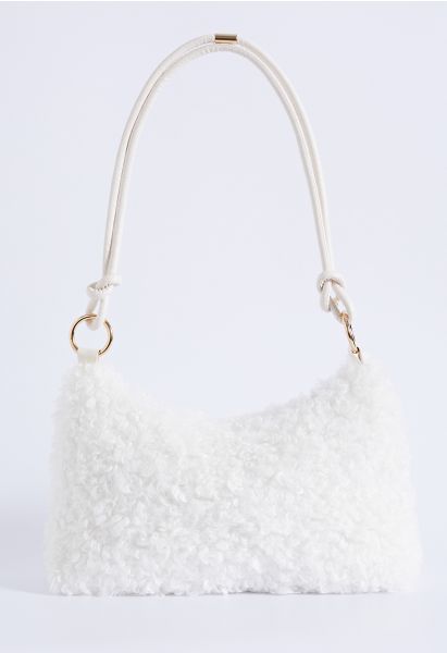Double String Soft Lambswool Shoulder Bag in White