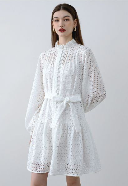 Floral Cutwork Button Down Belted Long-Sleeve Dress in White