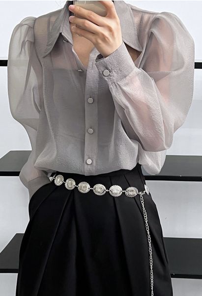 Bubble Sleeves Semi-Sheer Buttoned Shirt in Grey