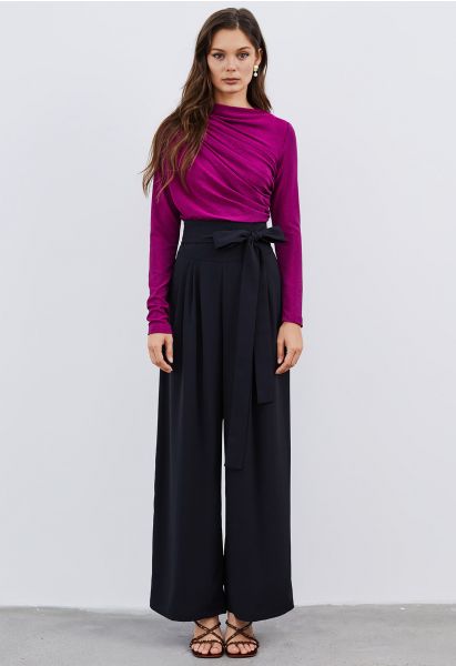 Bowknot High Waist Wide-Leg Pants in Black