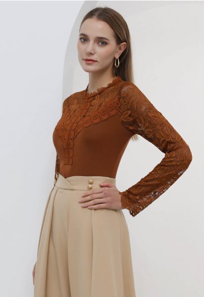 Ethereal Floral Lace Spliced Knit Top in Caramel