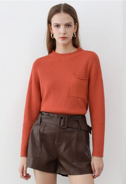Patch Pocket Ribbed Knit Sweater in Rust Red