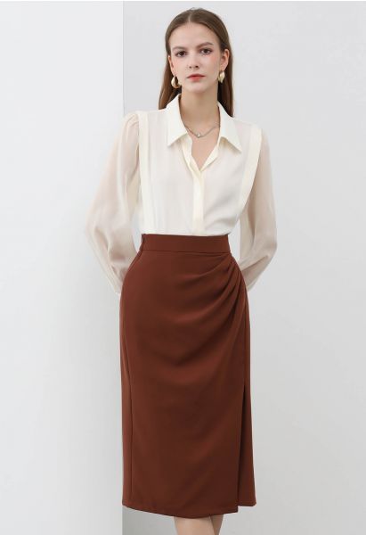 Enchanting Pleats Front Slit Pencil Skirt in Rust