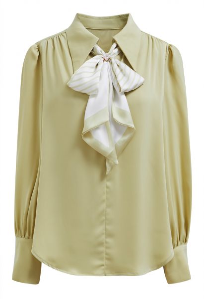 Vogue Detachable Bowknot Satin Shirt in Lime