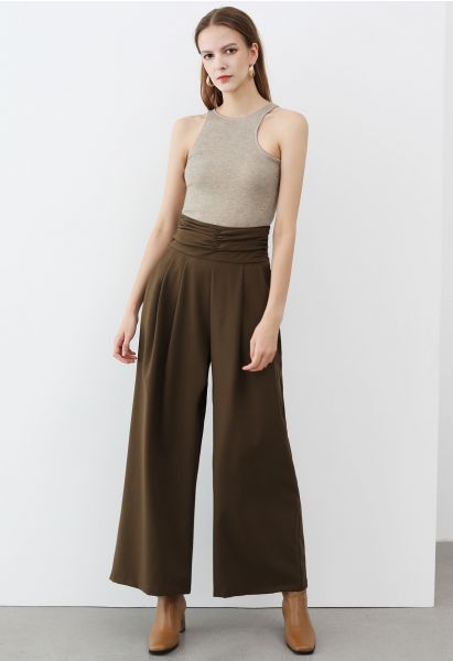 Ruched High Waist Pleated Wide-Leg Pants in Brown