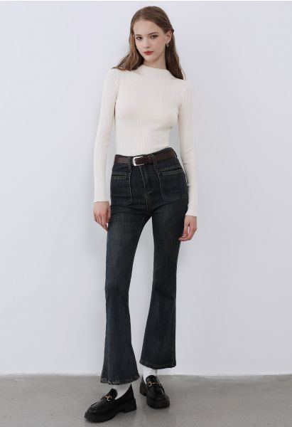 Patch Pockets Belted Flare Jeans