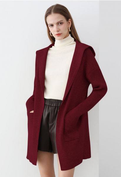 Patch Pockets Open Front Hooded Cardigan in Burgundy