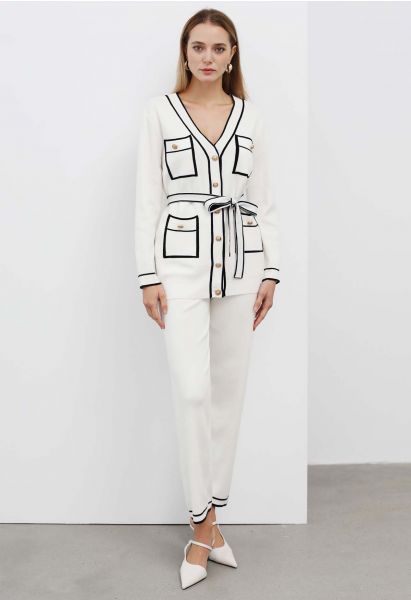 Contrast Edge Buttons Knit Cardigan and Pants Set in White