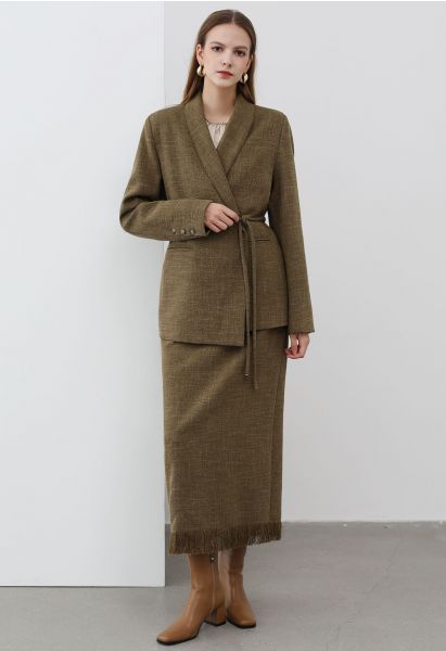 Shawl Collar Tweed Blazer and Fringe Pencil Skirt Set in Olive
