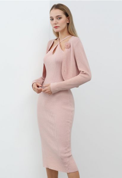 Cutout Halter Neck Knit Dress and Cardigan Set in Pink