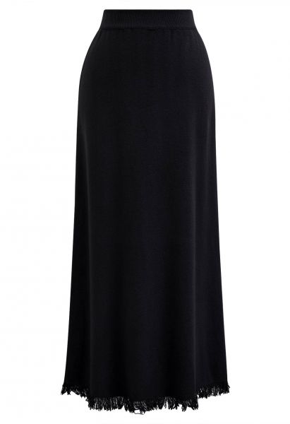 Fringed Hemline Soft Knit Maxi Skirt in Black