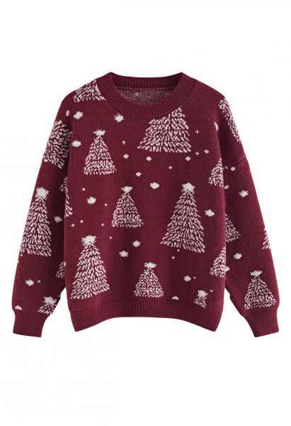 Christmas Tree Pattern Jacquard Knit Sweater in Burgundy