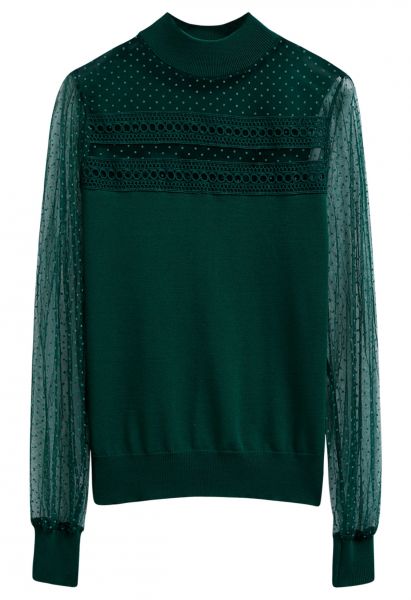 Flock Dots Mesh Spliced Knit Top in Emerald