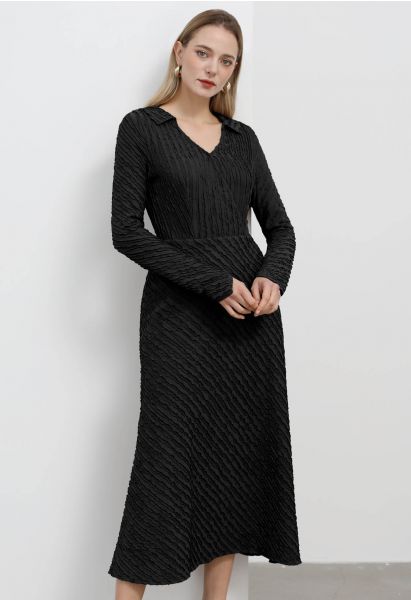 Collared Surplice Neckline Wavy Texture Dress in Black