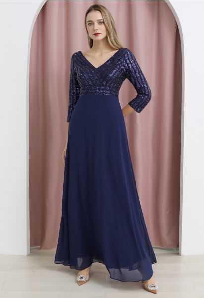 Exquisite Sequin V-Neck Chiffon Maxi Gown in Navy