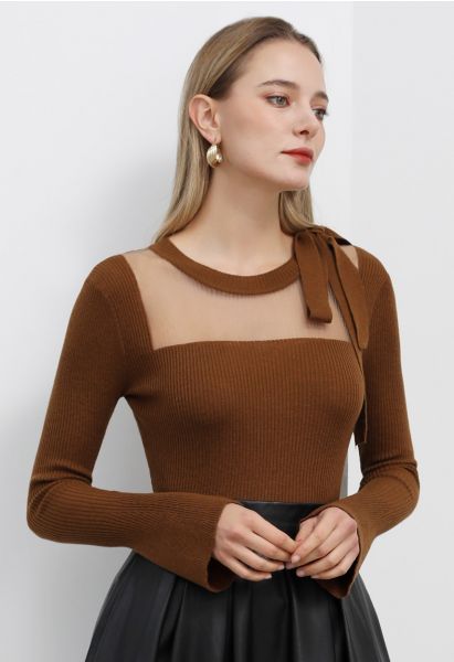 Mesh Inserted Side Bowknot Fitted Knit Top in Caramel