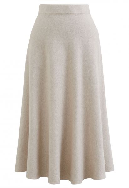 Solid Color A-Line Knit Midi Skirt in Ivory
