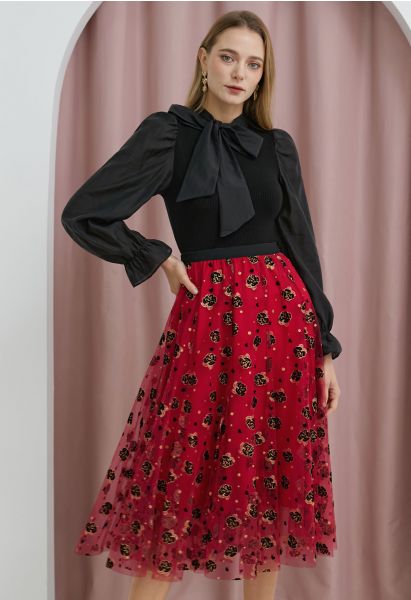 Glitter Velvet Rose Mesh Tulle Midi Skirt in Red