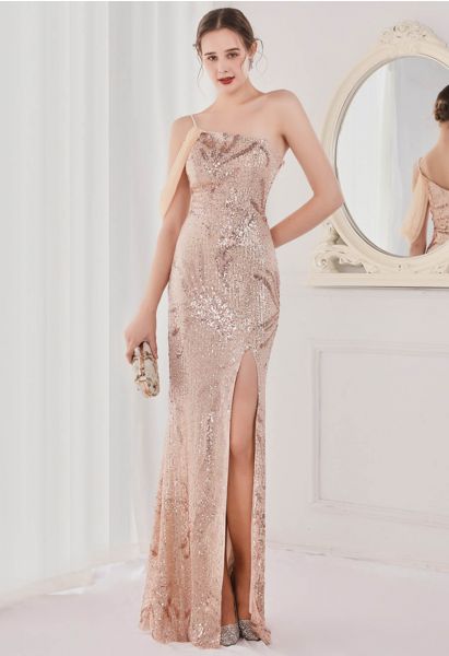 One-Shoulder Front Slit Sequined Maxi Gown in Champagne