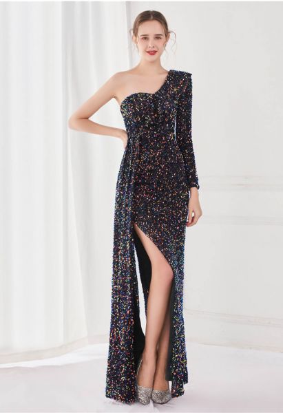 One-Shoulder Sequined Ruffle Slit Maxi Gown in Black
