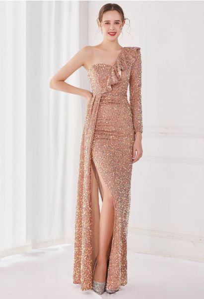 One-Shoulder Sequined Ruffle Slit Maxi Gown in Champagne
