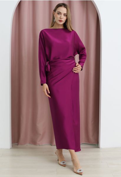 Satin Boat Neck Wrapped Waist Maxi Dress in Magenta