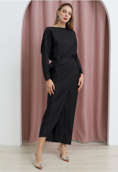 Satin Boat Neck Wrapped Waist Maxi Dress in Black