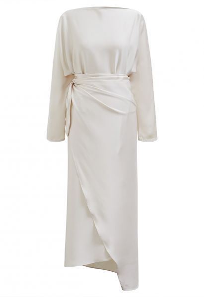 Satin Boat Neck Wrapped Waist Maxi Dress in Ivory