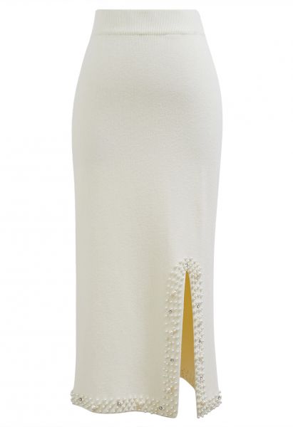 Pearl Embellished Slit Hem Knit Pencil Skirt in Cream