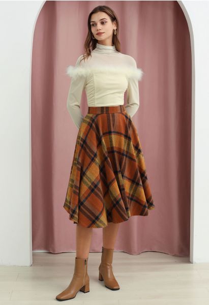 Perfect in Plaid A-Line Wool-Blend Midi Skirt in Pumpkin