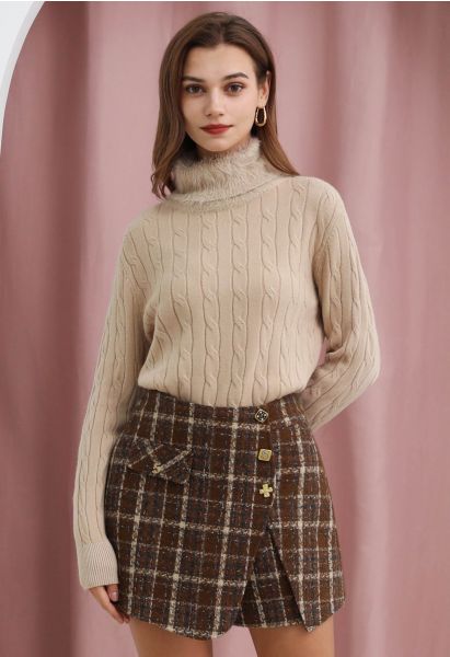 Soft Fuzzy Turtleneck Cable Knit Sweater in Camel