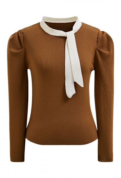 Gigot Sleeve Ribbon Adorned Knit Top in Caramel