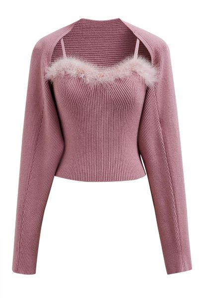 High Neck Buttoned Cuff Sweater and Knit Pants Set in Pink