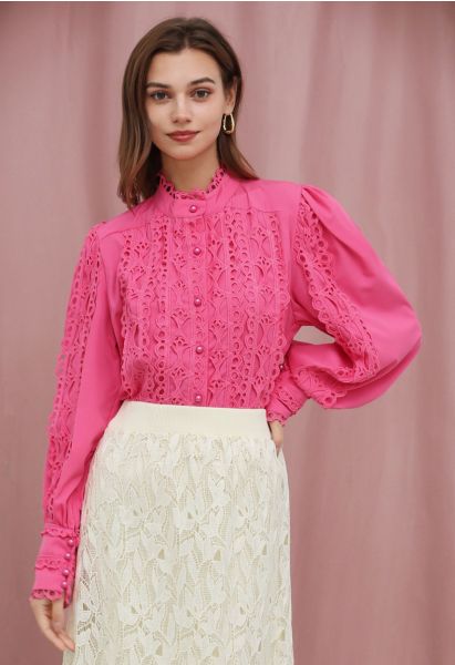 Exquisite Cutwork Bubble Sleeves Button-Up Shirt in Hot Pink