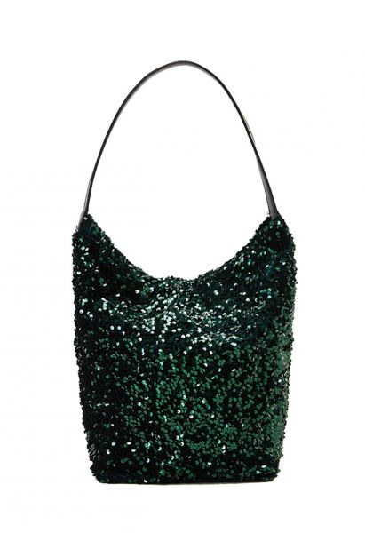 Faux Leather Full Sequin Bucket Bag in Green