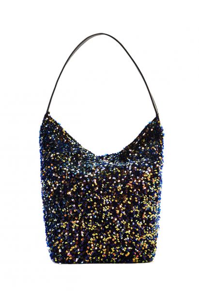 Faux Leather Full Sequin Bucket Bag in Navy