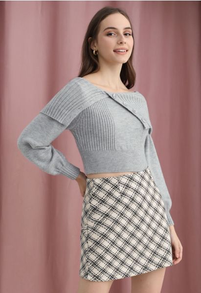 Plaid Pattern Tweed Mini Bud Skirt in Ivory