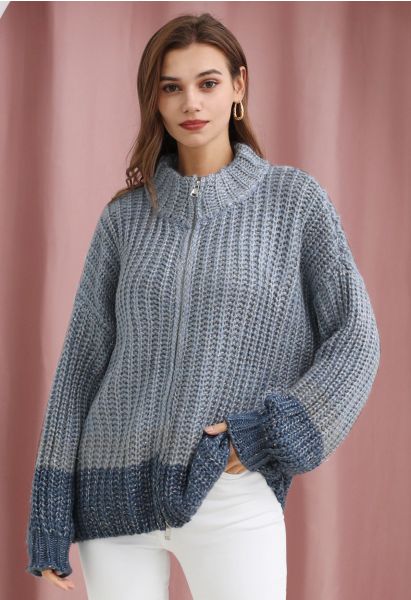 Two-Tone Sequin Chunky Knit Zip Up Cardigan in Dusty Blue