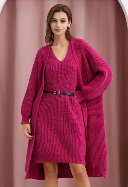 Effortless V-Neck Sleeveless Knit Dress and Longline Cardigan Set in Hot Pink