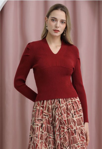 V-Neck Puff Shoulder Rib Knit Top in Red