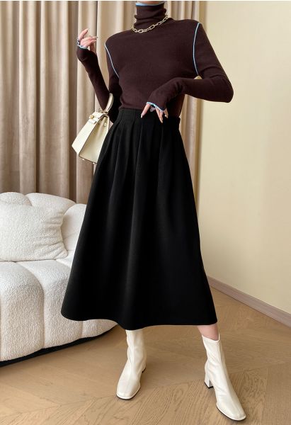 Solid Color Wool-Blend Pleated Midi Skirt in Black
