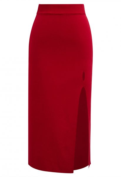 Cut Out Side Slit Knit Midi Skirt in Red