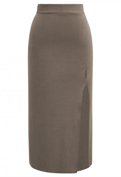 Cut Out Side Slit Knit Midi Skirt in Taupe