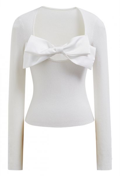 Bowknot Neckline Fitted Knit Top in White