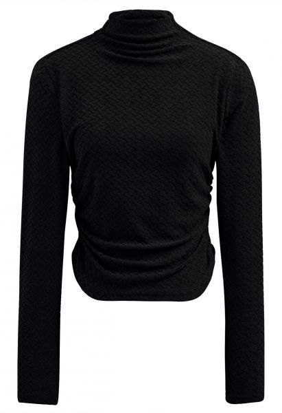 High Neck Textured Ruched Top in Black