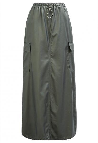 Faux Leather Cargo Maxi Skirt in Sage
