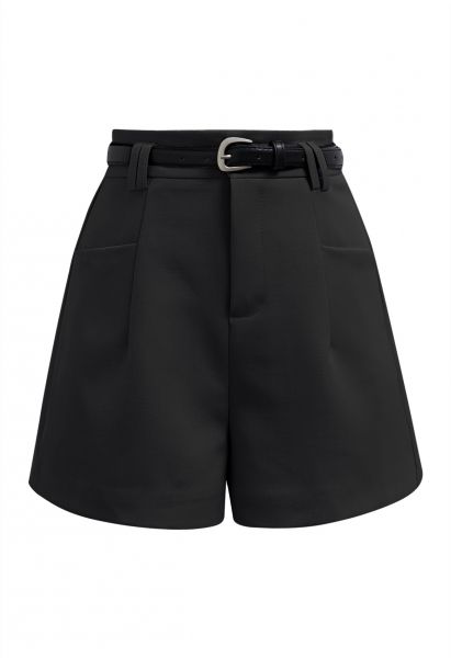 Chic Belted Front Pocket Shorts in Black