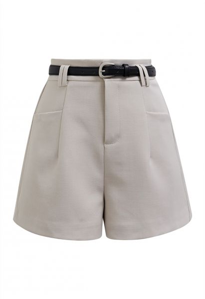 Chic Belted Front Pocket Shorts in Ivory