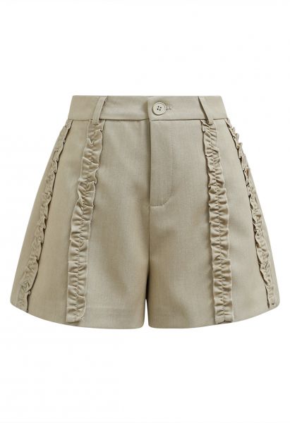 Leisurely Ruffled Trim Buttoned Shorts in Pea Green