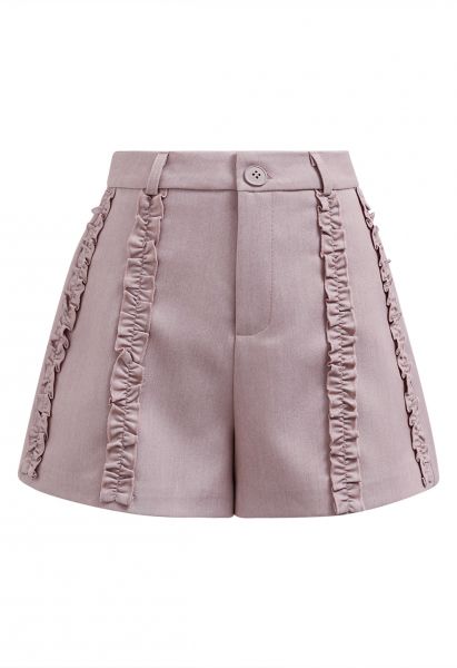 Leisurely Ruffled Trim Buttoned Shorts in Dusty Pink